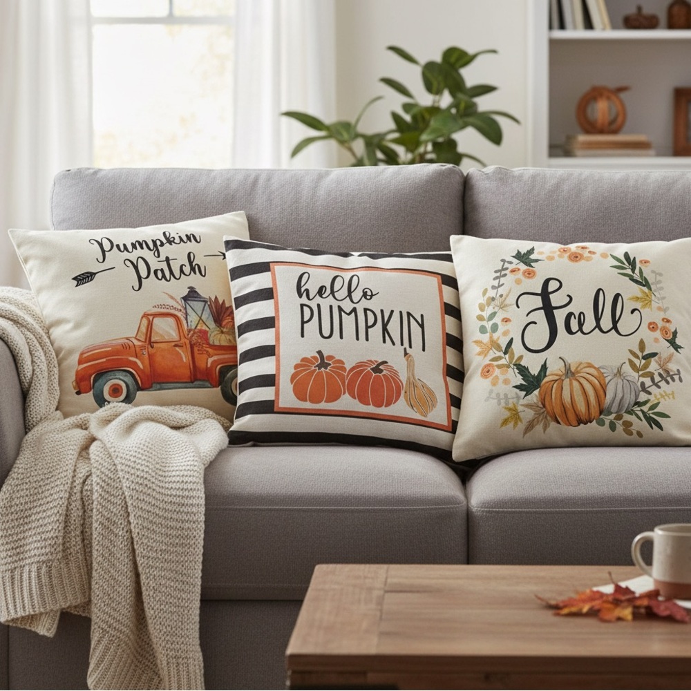 Canvas Fall Pumpkin Pillow Cases Set of 3 zipper bottom 17.5x17.5 inch approx
